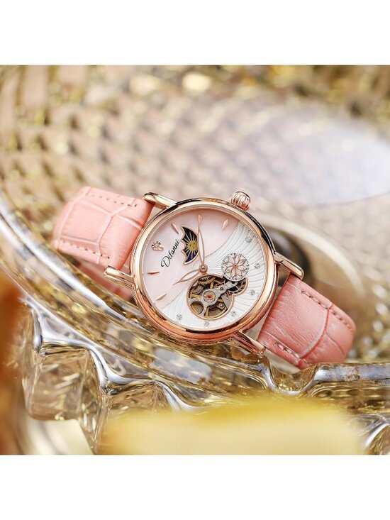 Women\'s Pink Rose Gold Elegant Leather Strap Waterproof Moon phase Wrist Watch main image 6